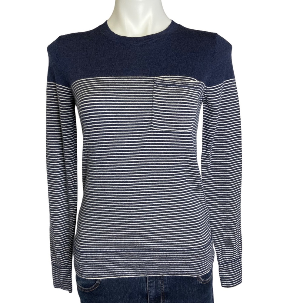 3/$20 BANANA REPUBLIC Extra Fine Merino Wool Striped Long Sleeve Sweater Blue XS